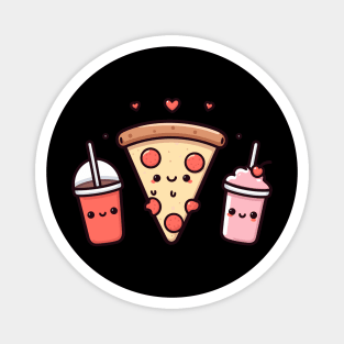 Kawaii Food Art with Pizza, Cola, Strawberry Milkshake, and Hearts | Cutesy Kawaii Magnet